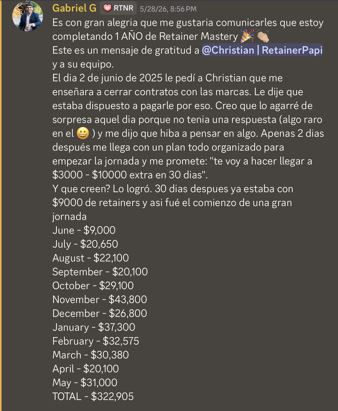 Gabriel cumple un año en el programa y comparte mes por mes.